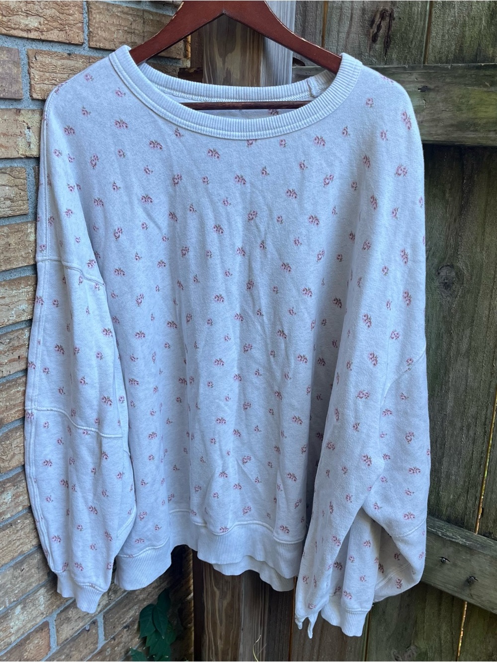 Aerie Oversized Cream Crewneck Sweatshirt with Pink Floral Motif